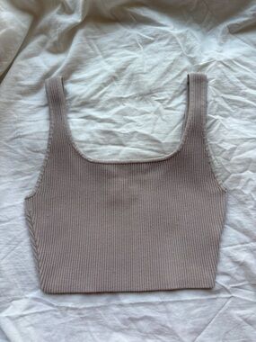 Babaton Ribbed Square-Neck Crop Tank Taupe Small